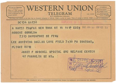 Lot #114 Lee Harvey Oswald 1962 Telegram: ?Lee arriving Dallas Love Field 7:30 PM tonight? - Image 1
