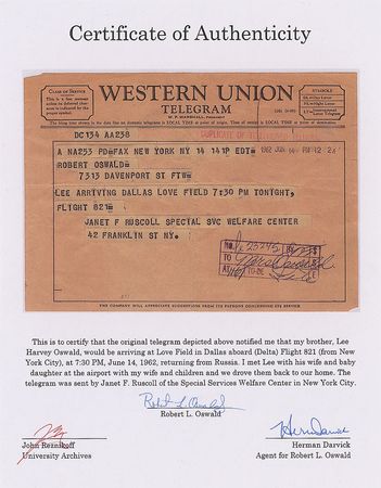Lot #114 Lee Harvey Oswald 1962 Telegram: ?Lee arriving Dallas Love Field 7:30 PM tonight? - Image 2