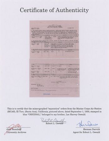 Lot #107 Lee Harvey Oswald?s Personal Copy of His Marine Discharge Orders: Oswald?s copy of his ?hardship? discharge orders from the Marines - Image 3