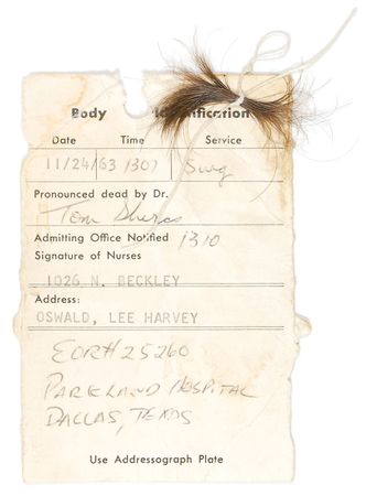 Lot #119 Lee Harvey Oswald Toe Tag: Used to identify the body of Lee Harvey Oswald at the Parkland Hospital morgue - Image 1