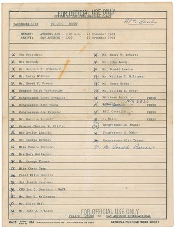 Lot #52 John F. Kennedy’s Air Force One Passenger Manifest: Air Force One passenger manifest for Kennedy's final flight: Fort Worth to Dallas, November 22, 1963 - Image 1