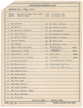 Lot #52 John F. Kennedy’s Air Force One Passenger Manifest: Air Force One passenger manifest for Kennedy's final flight: Fort Worth to Dallas, November 22, 1963 - Image 3