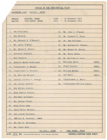 Lot #52 John F. Kennedy’s Air Force One Passenger Manifest: Air Force One passenger manifest for Kennedy's final flight: Fort Worth to Dallas, November 22, 1963 - Image 4