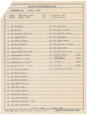 Lot #52 John F. Kennedy’s Air Force One Passenger Manifest: Air Force One passenger manifest for Kennedy's final flight: Fort Worth to Dallas, November 22, 1963 - Image 5