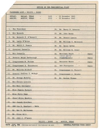 Lot #52 John F. Kennedy’s Air Force One Passenger Manifest: Air Force One passenger manifest for Kennedy's final flight: Fort Worth to Dallas, November 22, 1963 - Image 6
