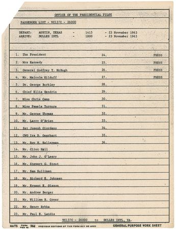 Lot #52 John F. Kennedy’s Air Force One Passenger Manifest: Air Force One passenger manifest for Kennedy's final flight: Fort Worth to Dallas, November 22, 1963 - Image 7