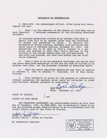 Lot #128 Jack Ruby Handwritten Manuscript: 24-page manuscript penned in prison, retracing his steps after Kennedy's assassination: 