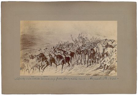Lot #373 John S. Mosby: Striking thrice-signed print of Mosby's Berryville wagon raid - Image 1