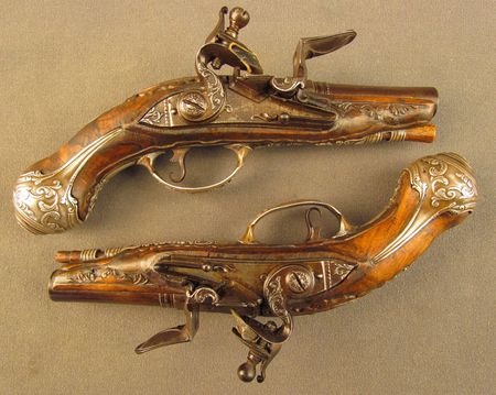 Lot #383 Pair of European Flintlock Muff Pistols: Beautiful ornate pair of European flintlocks - Image 1