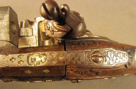 Lot #383 Pair of European Flintlock Muff Pistols: Beautiful ornate pair of European flintlocks - Image 3