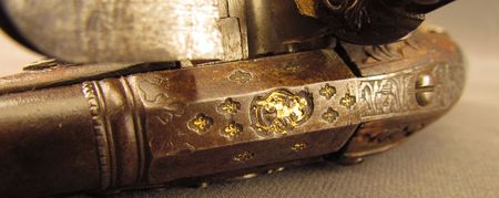 Lot #383 Pair of European Flintlock Muff Pistols: Beautiful ornate pair of European flintlocks - Image 4