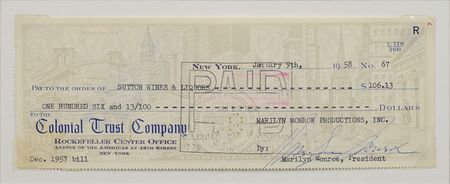 Lot #721 Marilyn Monroe: Sought-after 1958 Marilyn Monroe Productions check to 