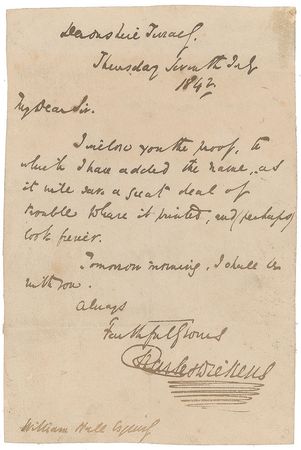 Lot #557. Charles Dickens: Dickens sends a proof to his publisher