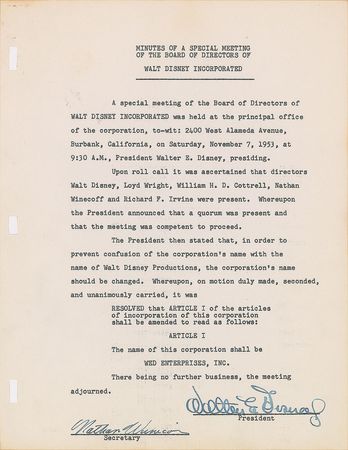 Lot #499 Walt Disney: A foundational twice-signed Disneyland document - Image 1