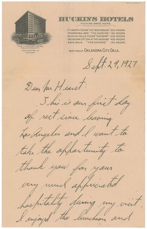 Lot #406 Charles Lindbergh: Lindbergh writes to William Randolph Hearst while touring the nation in 1927—four months after his transatlantic flight - Image 1