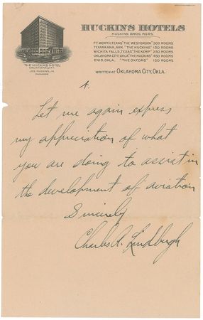 Lot #406 Charles Lindbergh: Lindbergh writes to William Randolph Hearst while touring the nation in 1927—four months after his transatlantic flight - Image 4