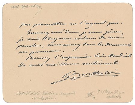Lot #476 Frederic-Auguste Bartholdi Handwritten Letter Signed - Image 2