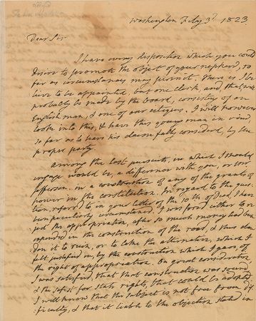 Lot #138 James Monroe: President Monroe’s dispute with Jefferson and Madison over “the grants of power in the constitution” - Image 1