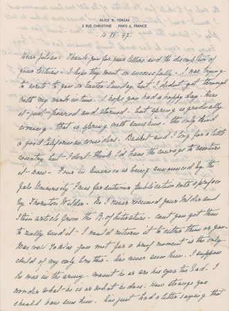 Lot #569 Alice B. Toklas: Toklas discusses Gertrude Stein, Thornton Wilder, Virgil Thomson, and Pablo Picasso - Image 1
