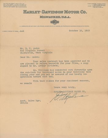 Lot #252 Harley Davidson: Arthur Davidson: 1923 Harley-Davidson sales contract - Image 3