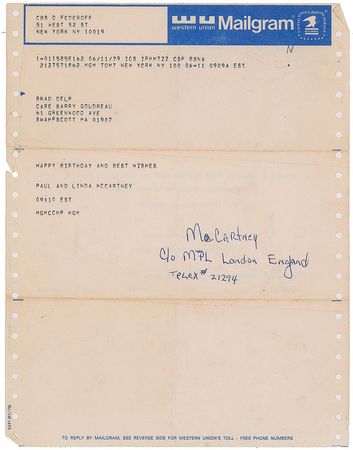 Lot #2346 Brad Delp's Pair of Telegrams from Paul
