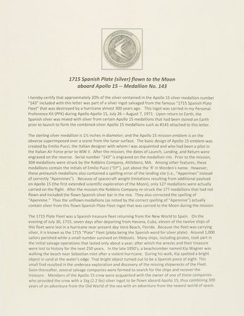 Lot #28 Dave Scottâ??s Apollo 15 â??Spanish Plate Fleetâ?? Robbins Medal: Apollo 15 Robbins medal made from the storied â??1715 Spanish Plate Fleetâ?? silver - Image 4
