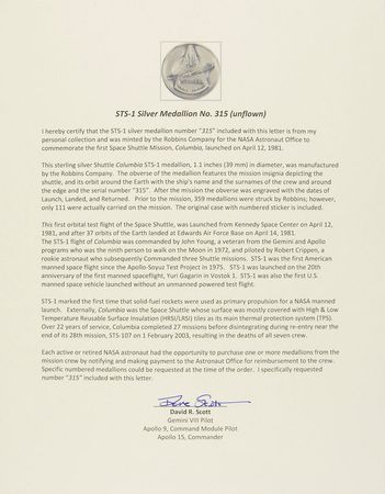 Lot #38 Dave Scottâ??s STS-1 Robbins Medal: One of 248 unflown Robbins medallions made for the first Space Shuttle flight - Image 5