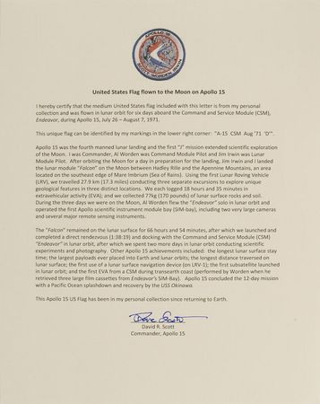 Lot #29 Dave Scottâ??s Apollo 15 Lunar Orbit-Flown Flag: Carried 74 orbits around the moon - Image 3