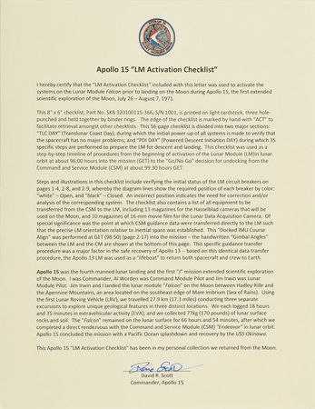 Lot #35 Dave Scott's Apollo 15 Lunar Surface-Flown LM Activation Checklist: Rare 