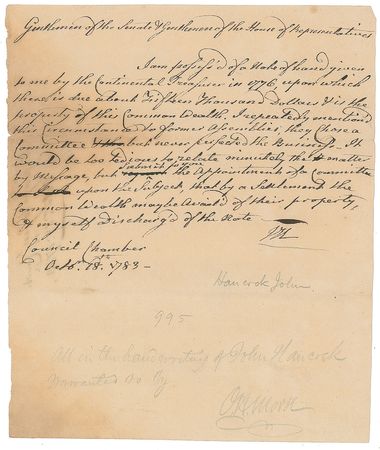 Lot #156 John Hancock: In the Revolution's immediate aftermath, Governor Hancock settles a note from 