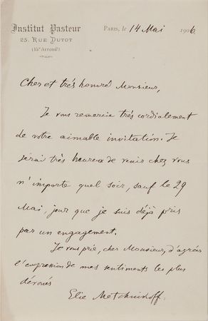 Lot #10 Elie Metchnikoff Handwritten Letter Signed