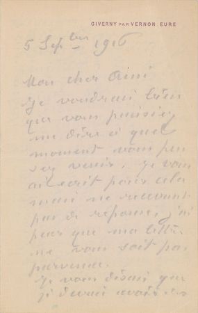 Lot #396 Claude Monet: Monet yearns for peace in World War I: 