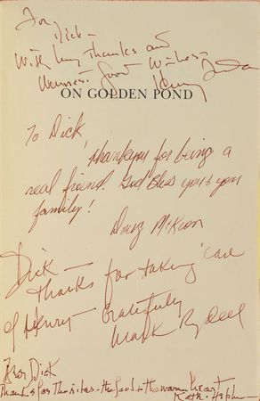 Lot #599 On Golden Pond: Cast-Signed Book: Cast-signed first edition of On Golden Pond, inscribed to Fonda's chauffeur - Image 1