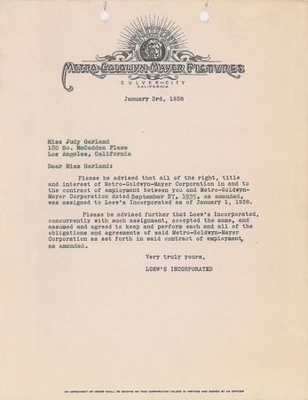 Lot #577 Judy Garland: Ultra-early 1935 MGM document signed by 