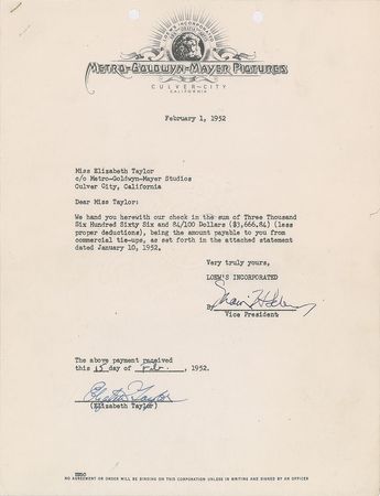 Lot #606 Elizabeth Taylor Signed Document - Image 1