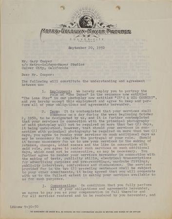 Lot #641 Gary Cooper Signed Document - Image 1