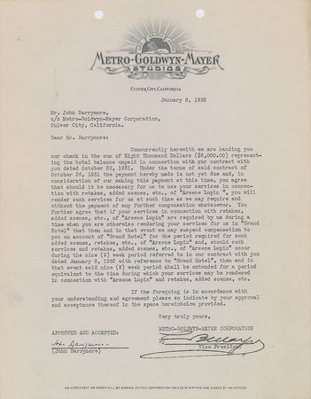 Lot #621 The Barrymores Signed Documents - Image 1