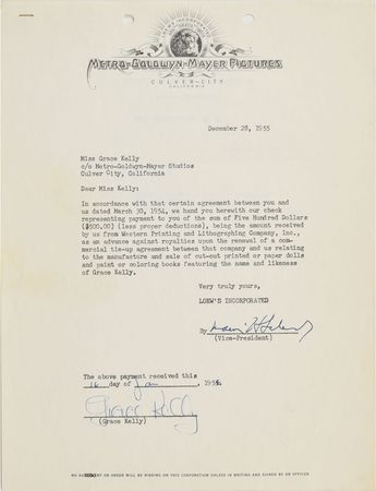 Lot #586 Grace Kelly: Grace Kelly's royalties for 