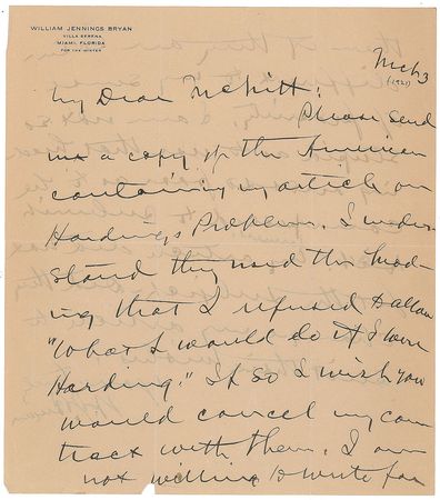 Lot #251 William Jennings Bryan Handwritten Letter Signed - Image 1