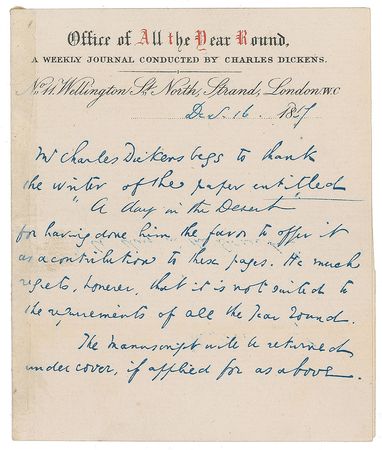Lot #422. Charles Dickens: "Mr. Charles Dickens" declines a submission to All the Year Round