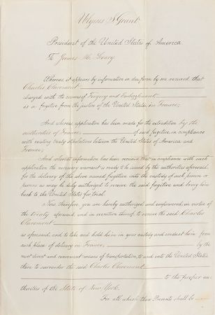 Lot #81 U. S. Grant: Extradition from France for a fugitive accused of 