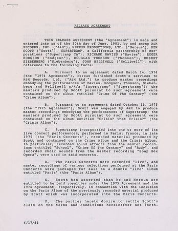 Lot #556 Supertramp Signed Document - Image 1