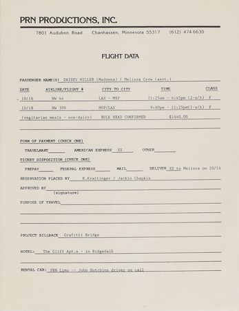Lot #6196  Prince Graffiti Bridge: Madonna 'Daisey Miller' Itinerary Archive - Image 2