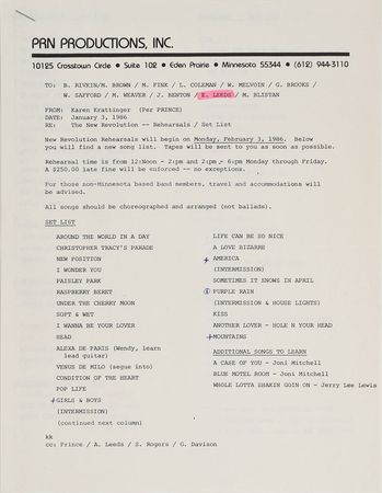 Lot #6096  Prince Parade Tour Set List Memo - Image 1