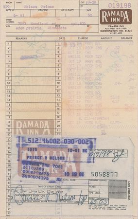 Lot #6012  Prince Carbon Copy Hotel Receipt