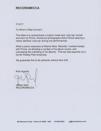 Lot #6134  Prince's Personally-Owned and -Worn Black Lace Crop Top - Image 10