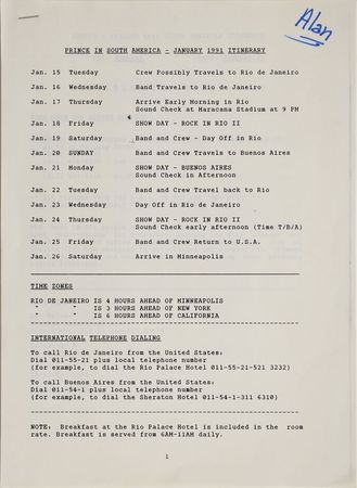 Lot #6210 ` Prince 1991 South America Tour Itinerary - Image 1
