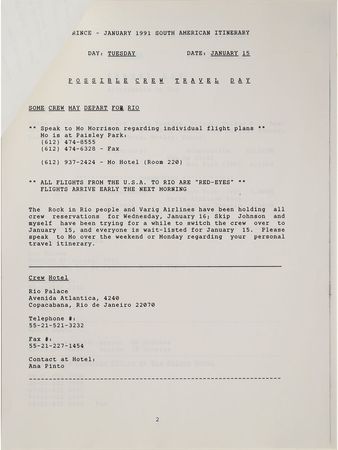 Lot #6210 ` Prince 1991 South America Tour Itinerary - Image 2