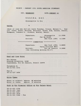 Lot #6210 ` Prince 1991 South America Tour Itinerary - Image 3
