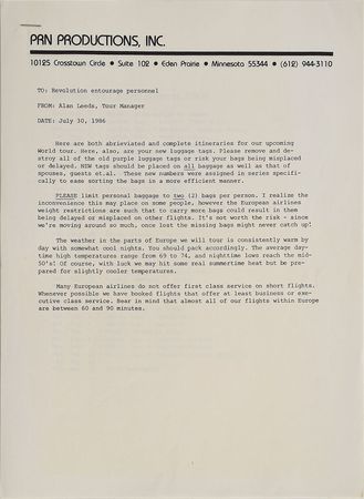Lot #6097  Prince 1986 Parade Tour Itinerary and Memo - Image 1